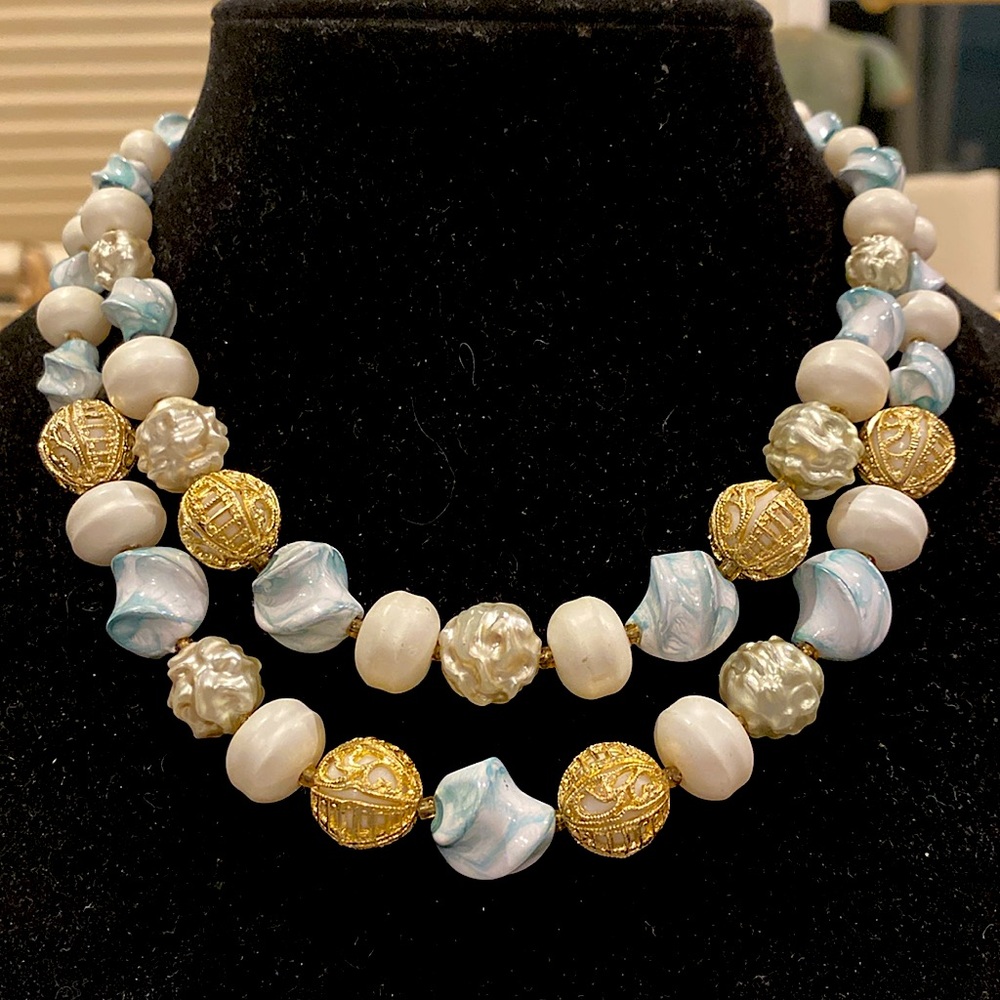 Hong Kong Lucite Beaded Necklace.2 Strands. Blue,Gold and White Gold Tone Hook